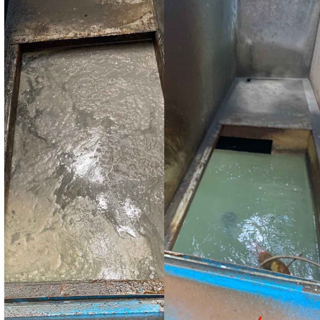 Chiller water before and after Purus filtration — sample container view, yellow turbid water on the left and clear water on the right with a hand visible beneath the surface